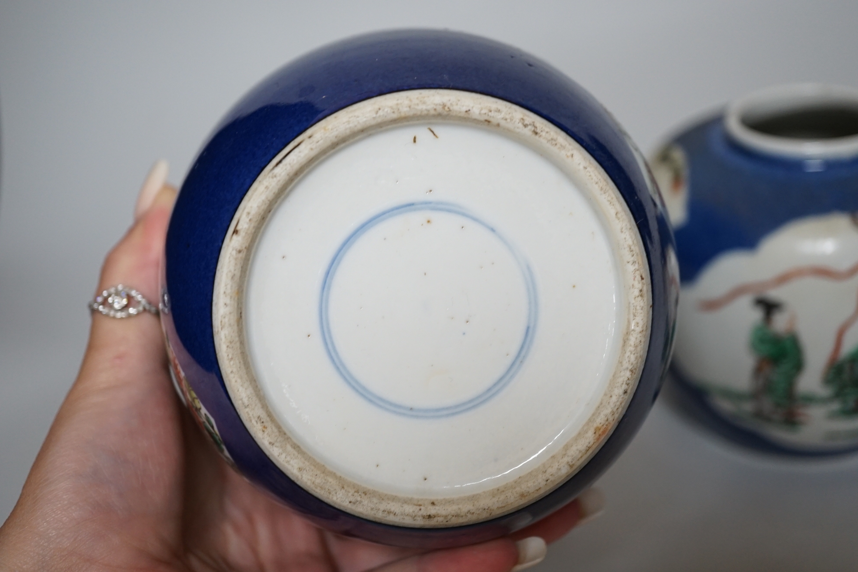 Two Chinese famille verte powder blue jars, early 20th century, 13cm high